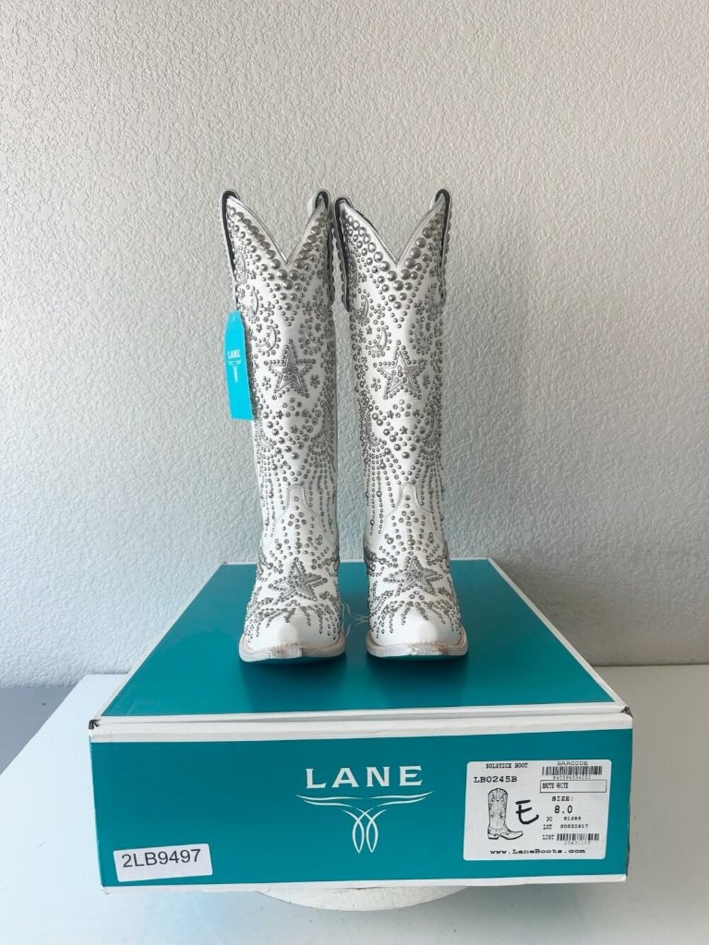 Lane SOLSTICE Womens White Studded Cowboy Boots Tall Snip Toe Leather Size 8 - Picture 12 of 14